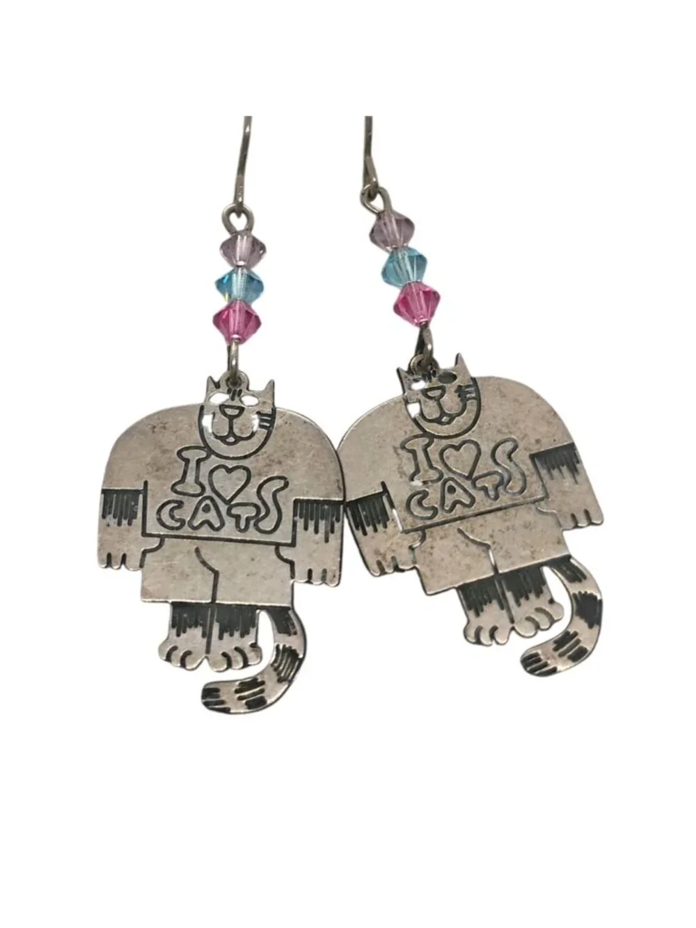 Vtg Edgar Berebi Sterling Silver I Love Cats Dangle Earrings w/Beads - Picture 1 of 5